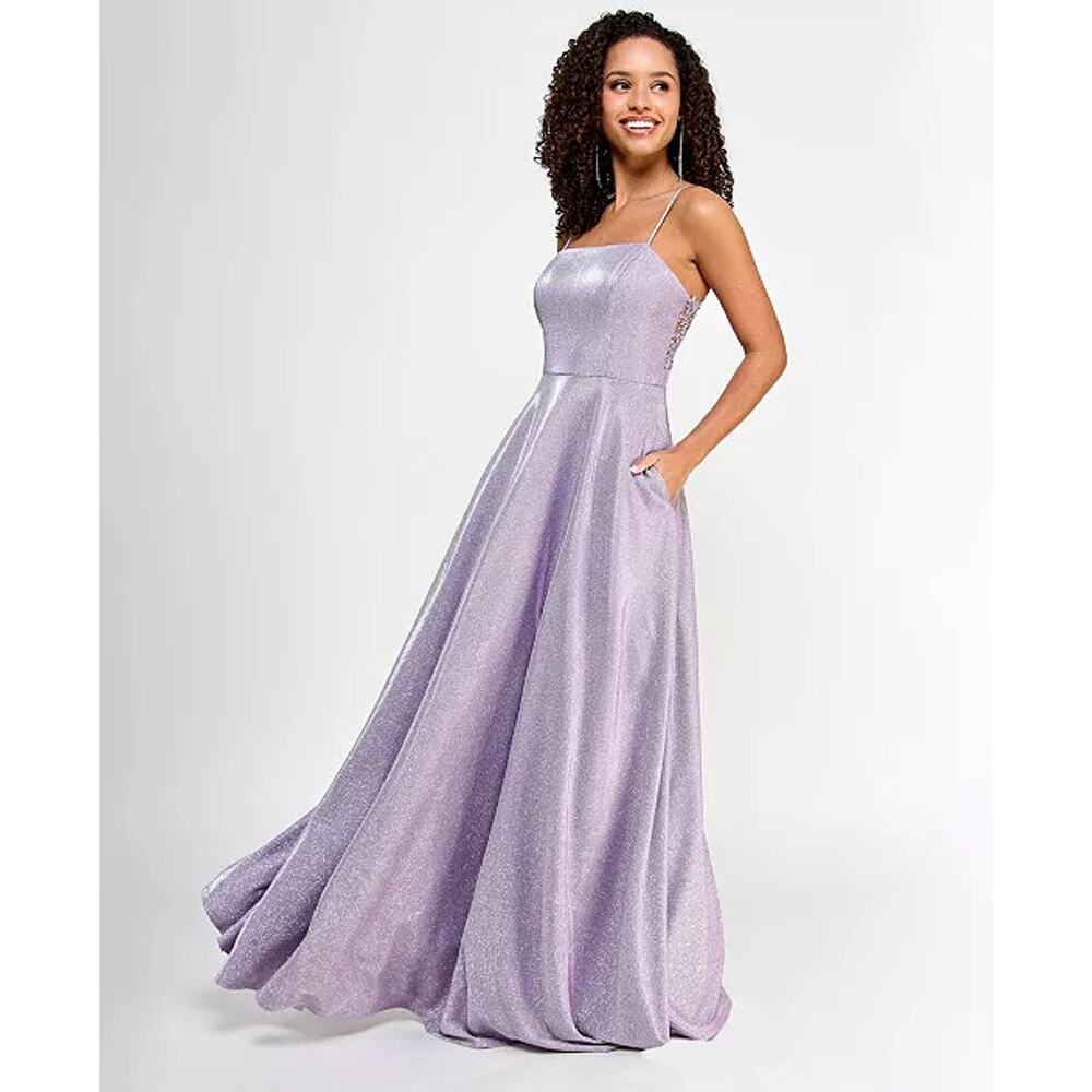 City Studio Lilac Glitter Gown Size 1/2 Lace Back Prom Dress w/ Pockets 59" Long
